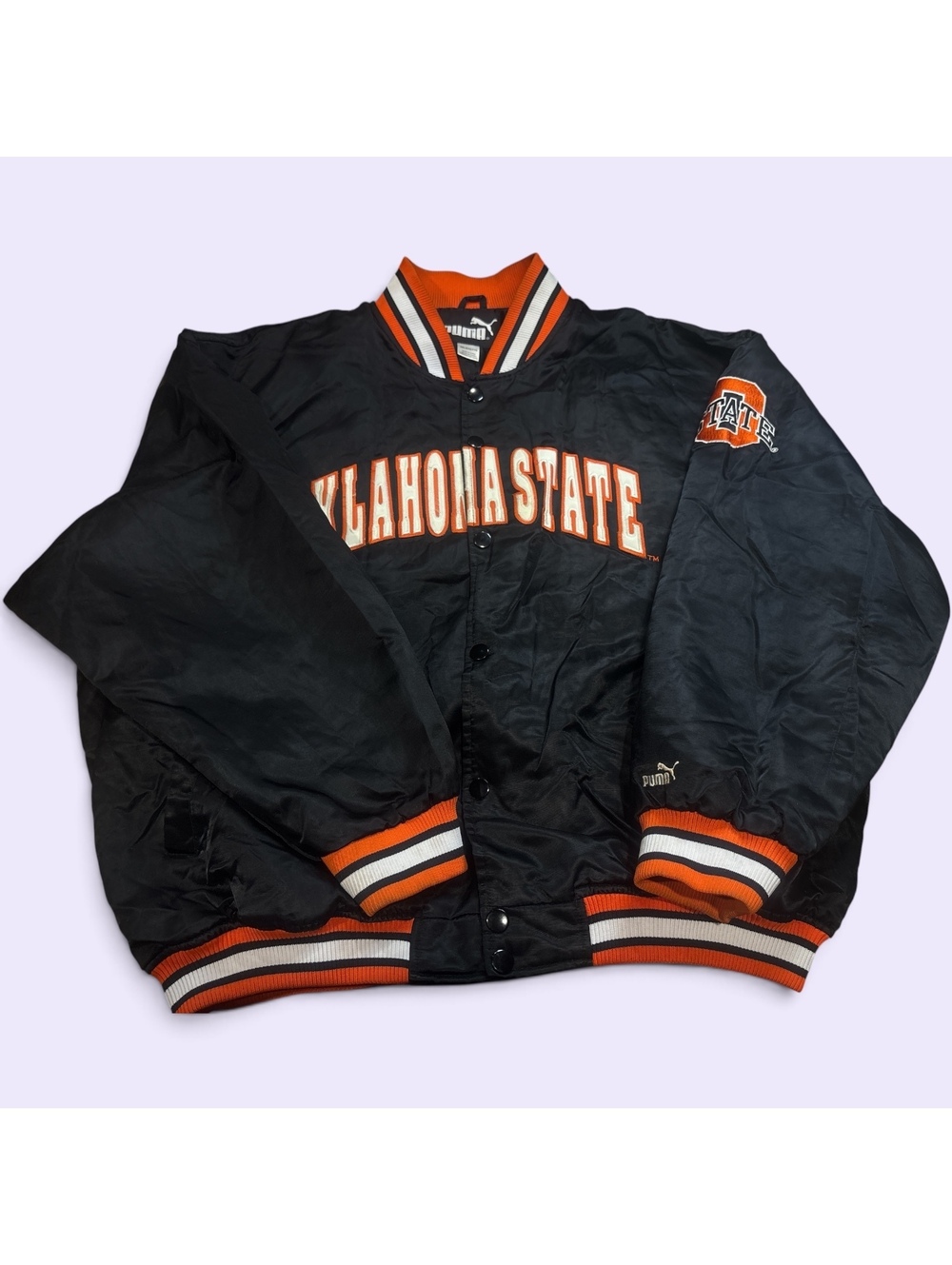 Vintage Puma Oklahoma State Cowboys varsity jacket, XXL, black and orange.